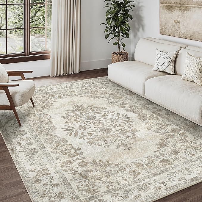 6x9 Area Rug Beige Washable Vintage Distressed Living Room Carpet Large Bedroom by PureCozy