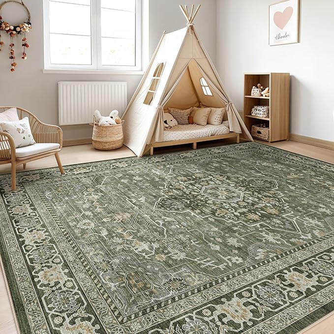 10x12 Area Rug Living Room: Washable Boho Large Neutral Vintage Soft Rugs Stain - Image 5