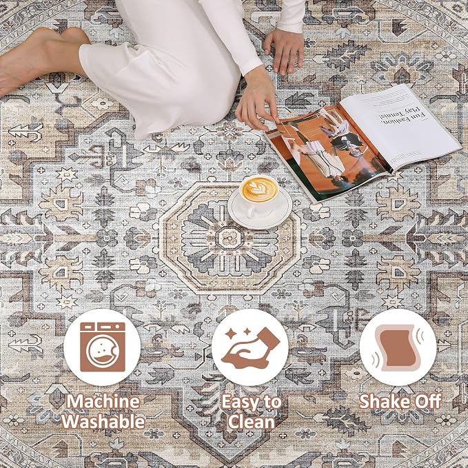 Round Rug Living Room Rugs: 8x8 Washable Boho Neutral Large Circle Soft Indoor - Image 2