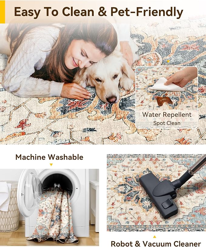 Area Rugs Square 10ft Washable Non-Slip, Floral Vintage Distress Print Pattern - Image 3
