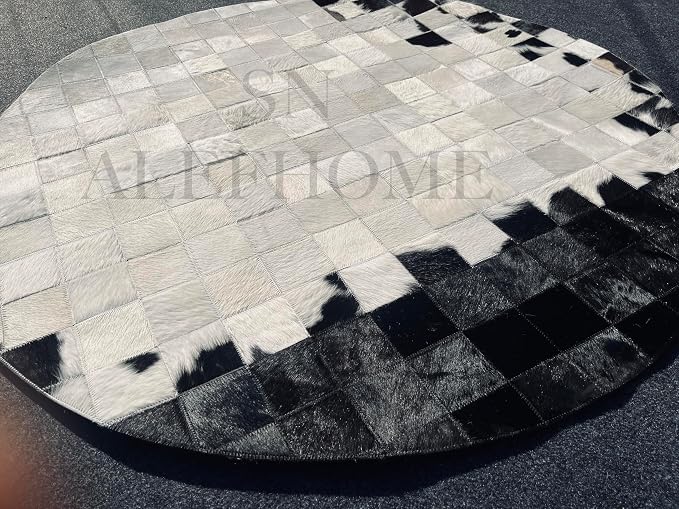 Round Geometric Patchwork Cowhide Leather Area Rug – Non-Slip Modern Faux - Image 5