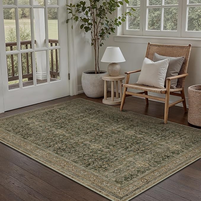 Entryway Area Rug 4x6 Green Brown Vintage Washable Office Carpet Traditional by PureCozy