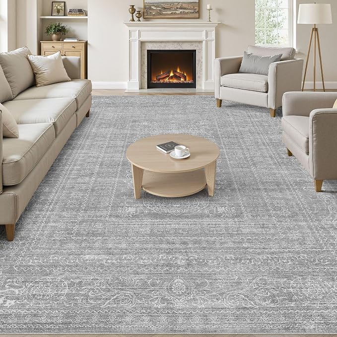 10x12 Area Rug Living Room: Washable Large Vintage Grey Rug Neutral Non-Slip by NakagishiAreaRug