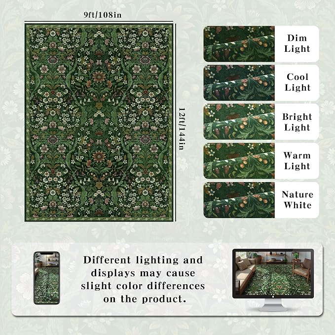 9x12 Dark Green Vintage Floral Area Rug, Washable Large Boho Living Room Rugs - Image 2