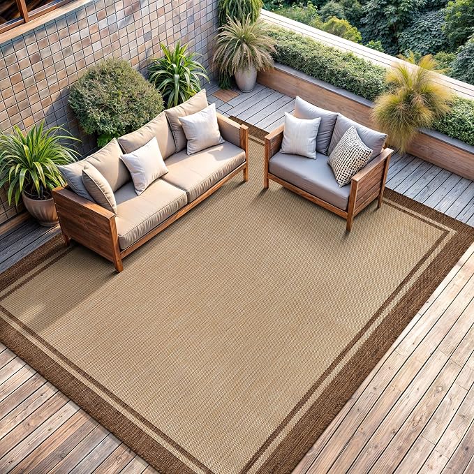 CAMILSON Indoor Outdoor Rug, 10x14 Bordered Natural Brown Modern Large Area Rugs - Image 9