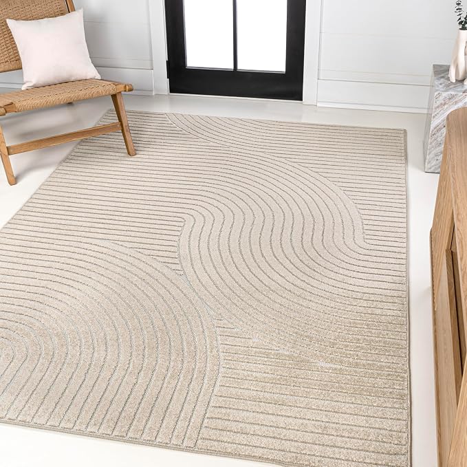 JONATHAN Y Hallie High-Low Curve Beige/Cream 8x10 Indoor/Outdoor Area Rug by JONATHANY