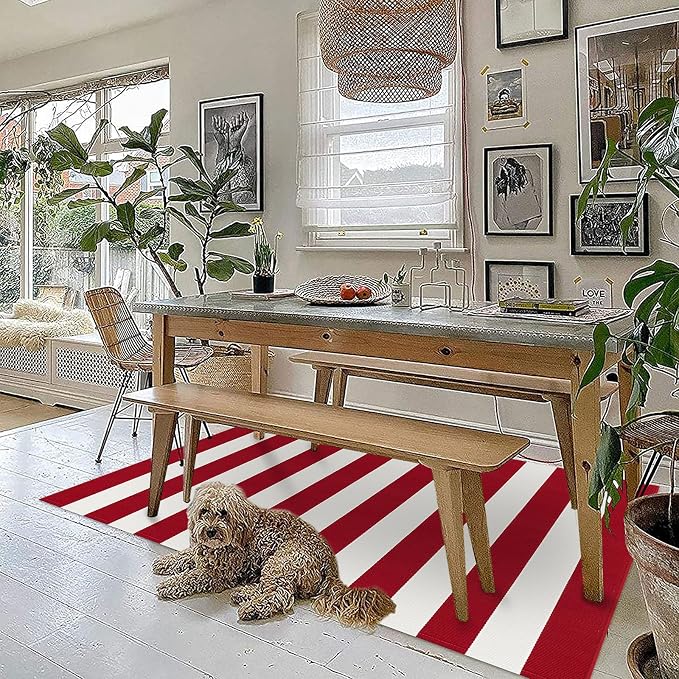 KOZYFLY Red White Striped Outdoor Rug 3x5 Ft Woven Christmas Area Rug Washable - Image 3