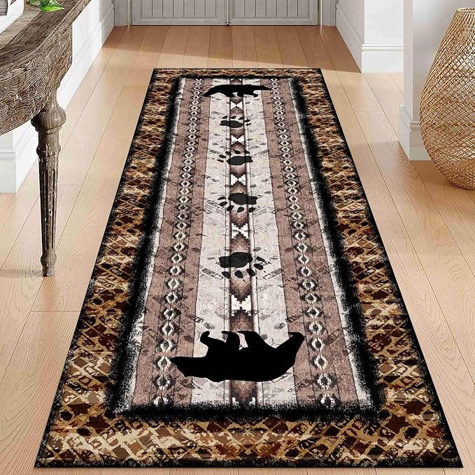 Unique Wildlife Runner Rug, Bear Border Design Area Rug, Rustic Log Cabin Runner by Unknown