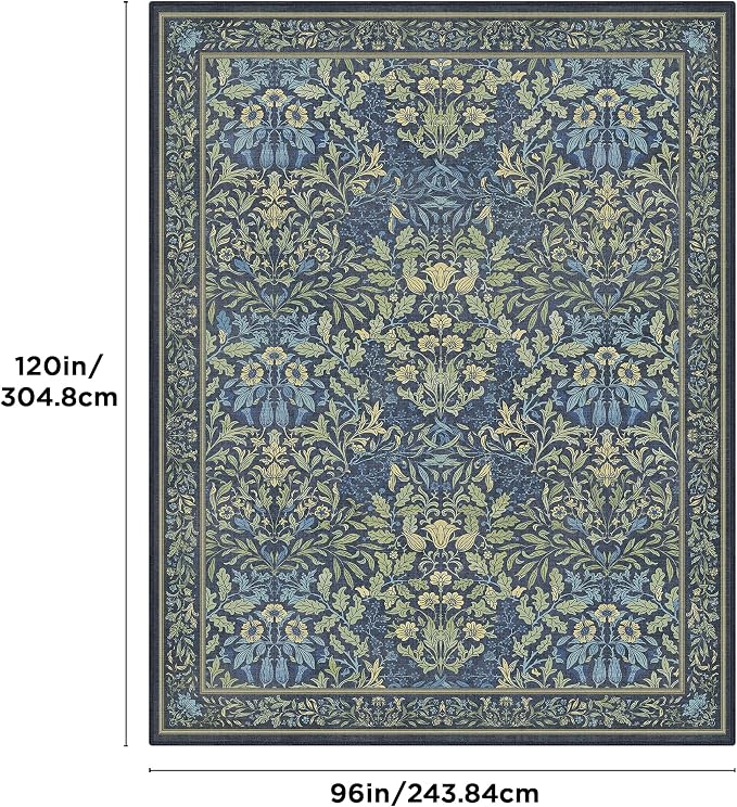 Bavni Floral Dark Blue Area Rugs 8x10, Vintage Boho Carpet Machine Washable - Image 2