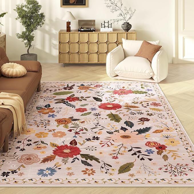 5x7 Washable Rug for Living Room, Non Slip Low Pile Soft Flower Carpet by ARKIIKI