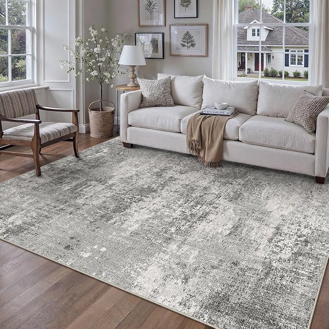 5x7 Grey Area Rug Washable Non Slip Modern Abstract Living Room Carpet Neutral by PureCozy