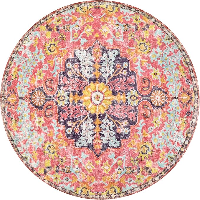 Lahome Bohemian Floral Medallion Round Rug - 4Ft Hot Pink Soft Round Area Rug - Image 10