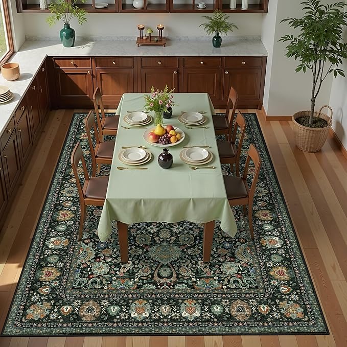 Dark Green Floral Living Room Rug 5x7 Washable Rugs Boho Vintage Oriental Large by Deerly