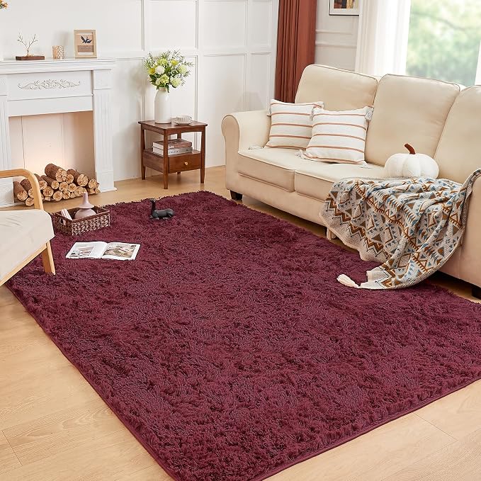 Andency 6x9 Area Rugs Burgundy, Large Shag Fluffy Soft Shaggy Rugs by Andency