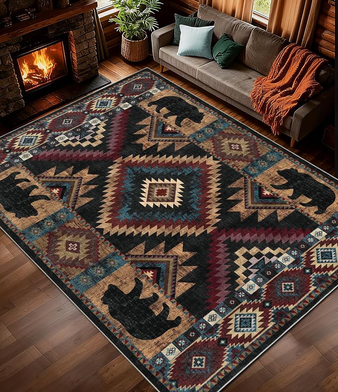 YIHOUSE Rustic Cabin Area Rug 9x12, Lodge Wildlife Bear Washable Large Area Rug by YIHOUSE