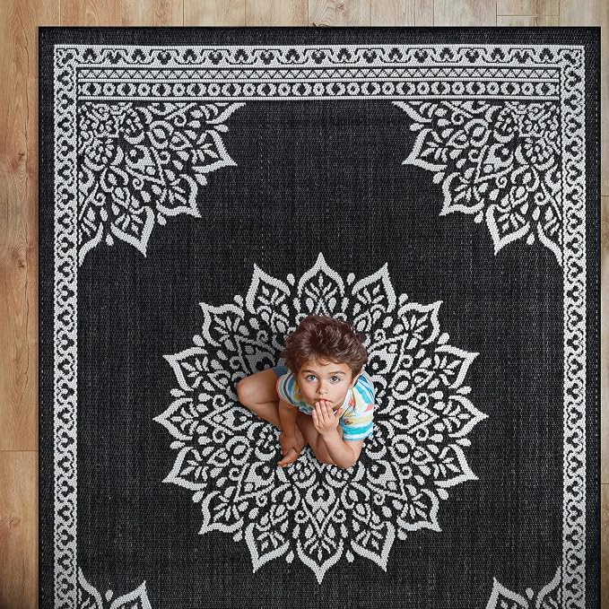 CAMILSON Outdoor Rug, 8x10 Medallion Black White Modern Area Rugs - Image 7
