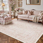 Pink Area Rug 5x7 Machine Washable Vintage Living Room Distressed Non Slip by PureCozy