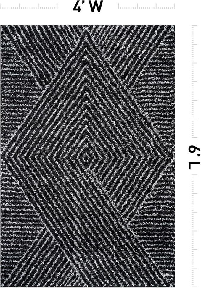 Rugshop Geometric Diamond Stripe Shag Area Rug Anthracite Dark Gray 4' x 6' - Image 2