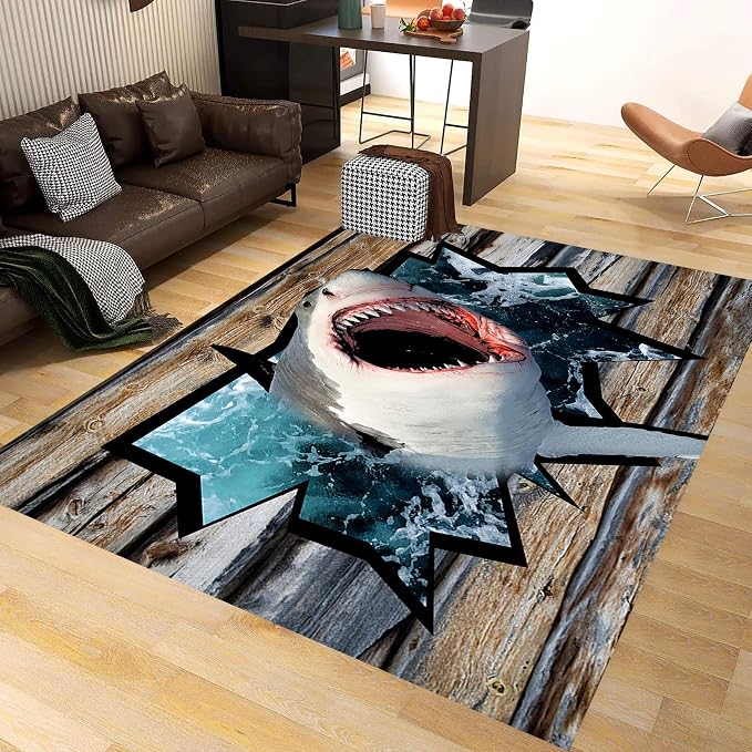 Sea Shark Kids Rugs, Fierce Shark 3D Printed Carpet - Image 2
