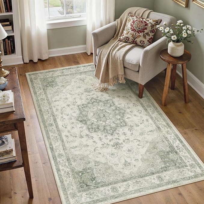 Green Area Rug 3x5 Washable Vintage Carpet Entryway Office Soft Retro Kitchen by PureCozy
