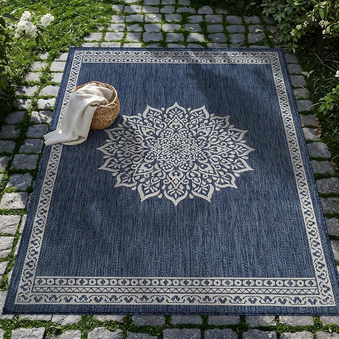 CAMILSON Outdoor Rug 6x9 Medallion Blue Modern Area Rugs - Image 6