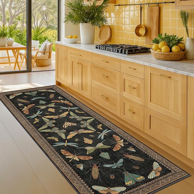 Vintage Insect 2x8 Black Entryway Runner Rug, Washable Non Slip Runners - Image 6