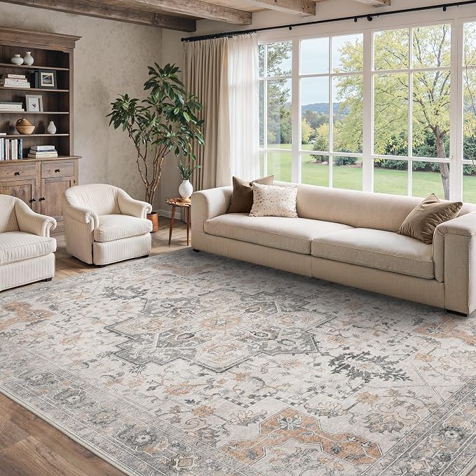 10x14 Area Rugs for Living Room, Non Slip Machine Washable Vintage Rugs by BESBLEE