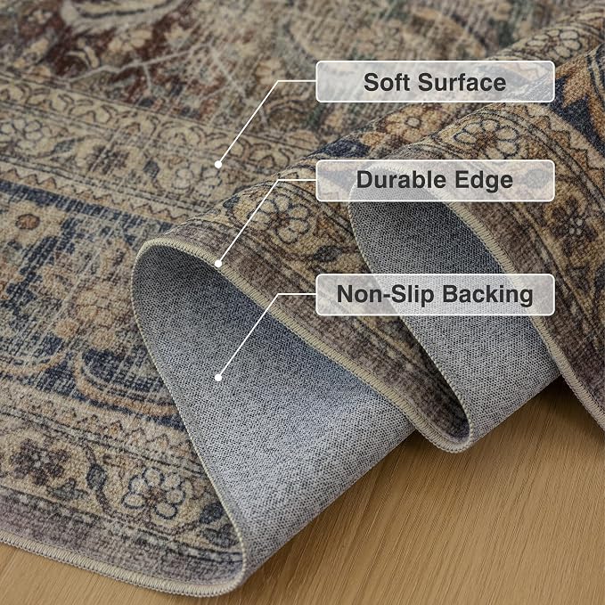 Fmfunctex 5x7 Washable Area Rug Neutral Vintage Brown Distressed Non Slip Low - Image 4