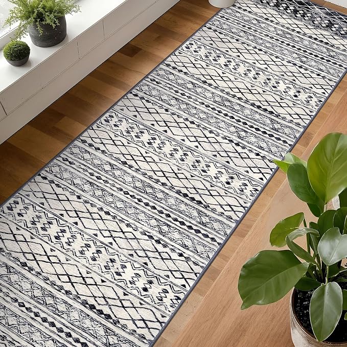 KUTA Moroccan Washable Runner Rug 2.6x18 Non-Slip Vintage Black Navy Blue Boho - Image 3