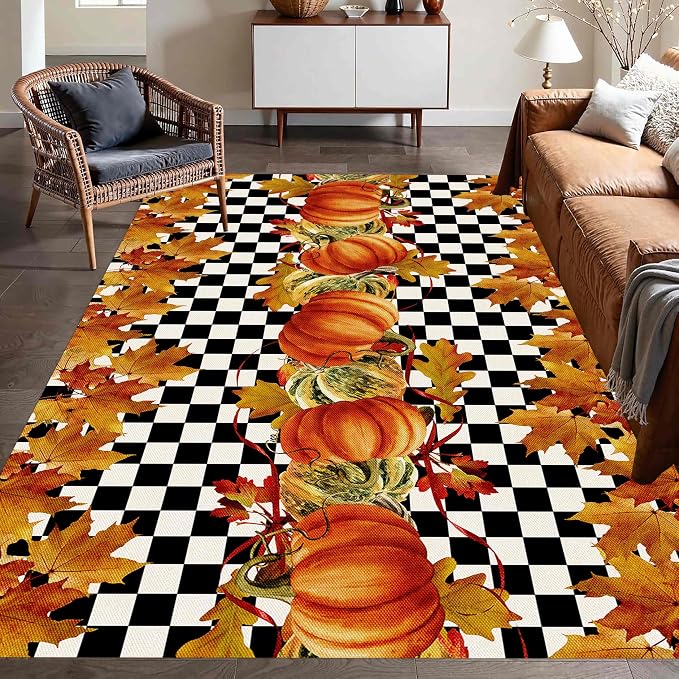 Pumpkin Area Rugs, Fallen Leaves Autumn Harvest Pumpkins Black and White - Image 4
