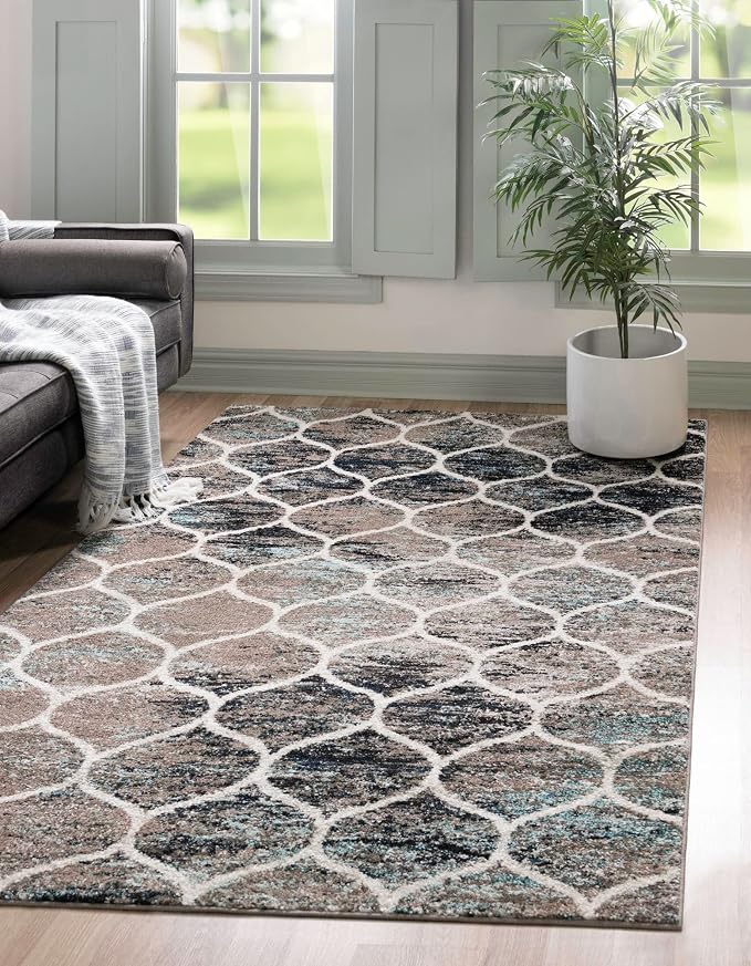 Rugs.com Lattice Frieze Collection Rug – 7' x 10' Blue Multi Medium Rug Perfect by Rugscom