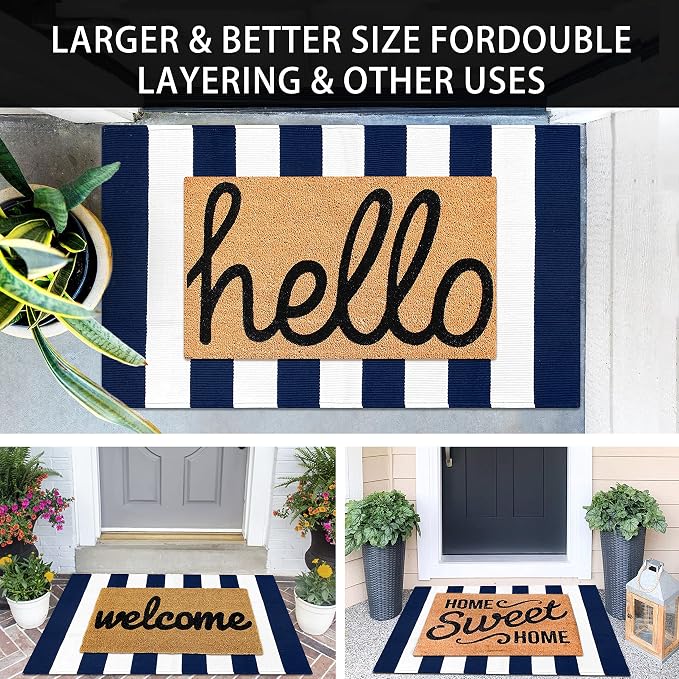 KOZYFLY Striped Outdoor Rug 27.5x43 Inches Front Door Rug Navy and White Woven - Image 3
