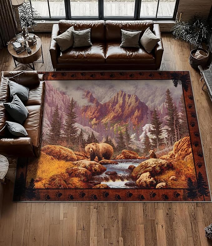 YIHOUSE Rustic Cabin Area Rug for Bedroom 8x10, Machine Washable Woodland Bear by YIHOUSE