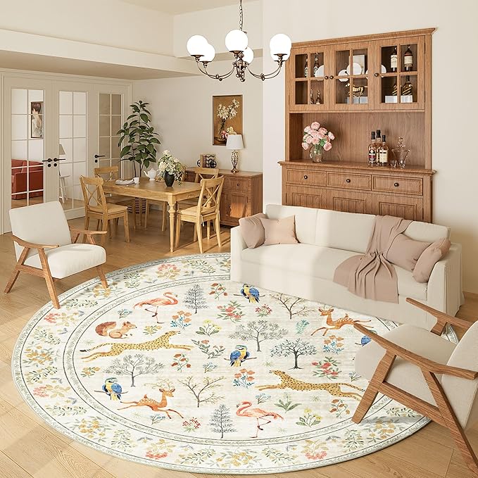 DUKINO 6ft Round Rug for Bedroom, Animal Print Washable Circle Rug by DUKINO