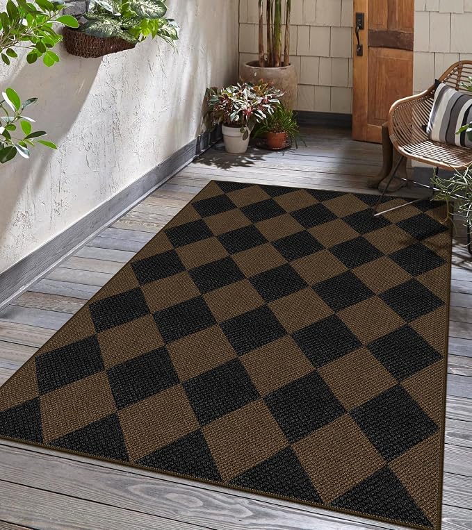 Easy Jute Checkered Area Rug, 3x5 Indoor Outdoor Entryway Rug Washable Coffee - Image 6