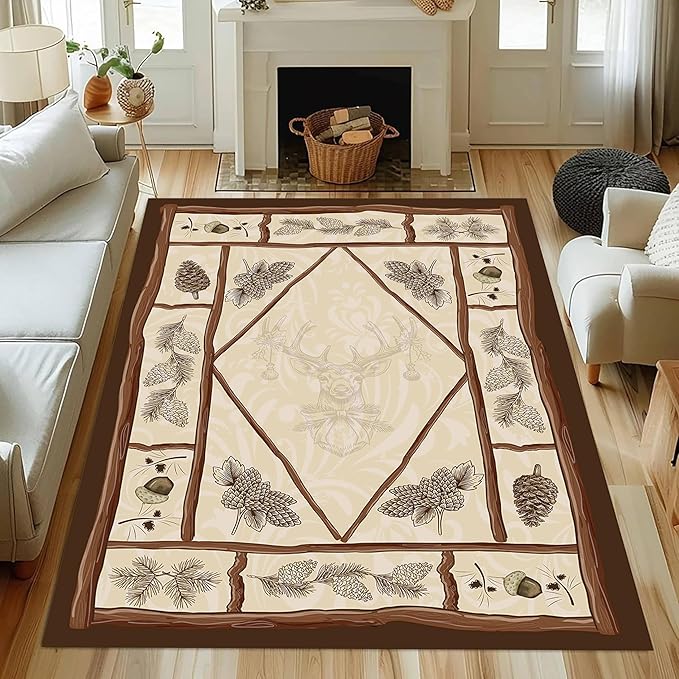 Country Cottage Deer Area Rugs 5x6ft Animal Plant Pine Cone Leaves Branches - Image 2