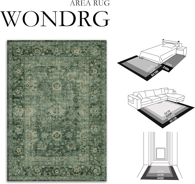 2x3 Washable Area Rug for Entryway Green Vintage Non-Slip Low Pile Distressed - Image 2