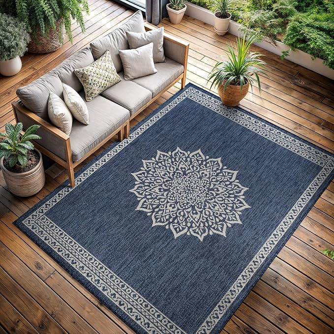 CAMILSON Outdoor Rug 6x9 Medallion Blue Modern Area Rugs - Image 7