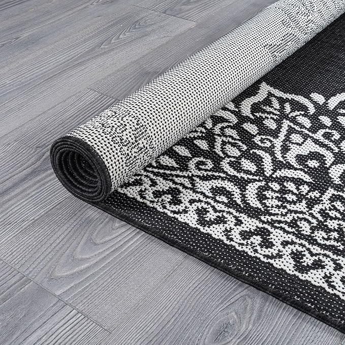 CAMILSON Outdoor Rug, 8x10 Medallion Black White Modern Area Rugs - Image 6