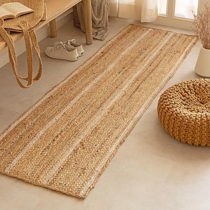 HOMEMONDE Braided Jute Runner Rug 2x6 ft Natural and Off White Stripe by HOMEMONDE