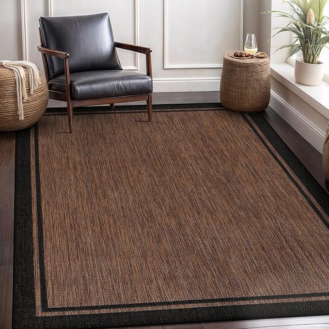CAMILSON Indoor Outdoor Rug, 5x7 Bordered Nut Brown Black Modern Area Rugs - Image 6