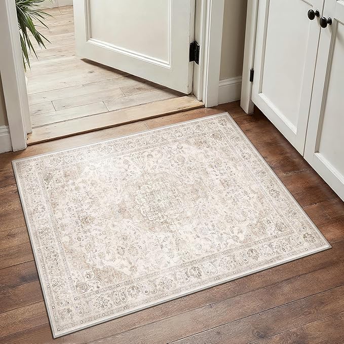 HUGEAR 2x3 Entryway Area Rug Vintage Beige Small Rug Machine Washable Door Mat by HUGEAR