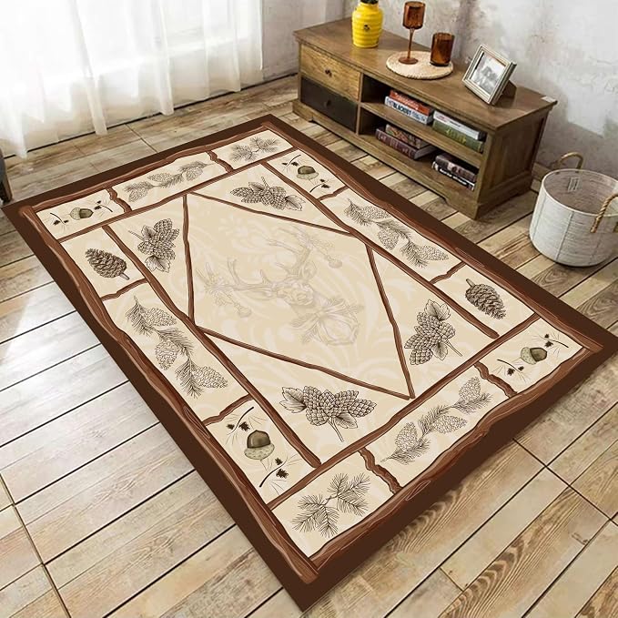 Country Cottage Deer Area Rugs 3x5ft Animal Plant Pine Cone Leaves Branches by Unknown