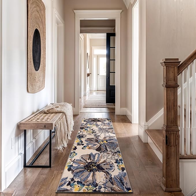 Rugshop Cream Bright Flowers Non Slip Non-Shedding Runner Rug - Image 9