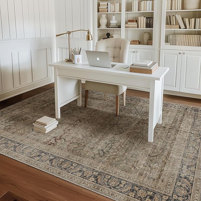 Fmfunctex 5x7 Washable Area Rug Neutral Vintage Brown Distressed Non Slip Low - Image 3