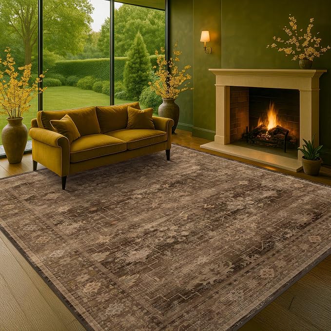 Boho Brown Living Room Rug 7x9 by HazoHaus