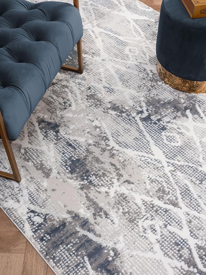 Adel Modern Area Rug for Living Room, 6x9 Rustic Distressed Abstract Blue Rug - Image 6