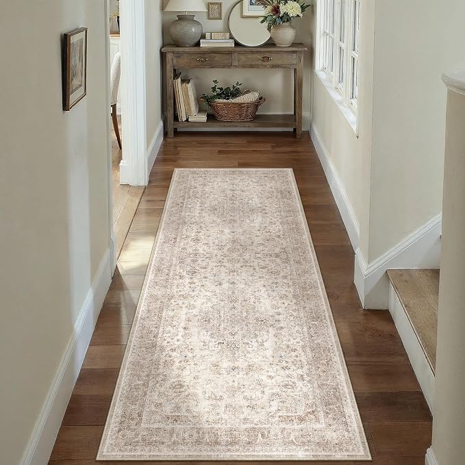 Beige 2x6 Runner Rug Washable Hallway Vintage Carpet Low Pile Non Slip - Image 3