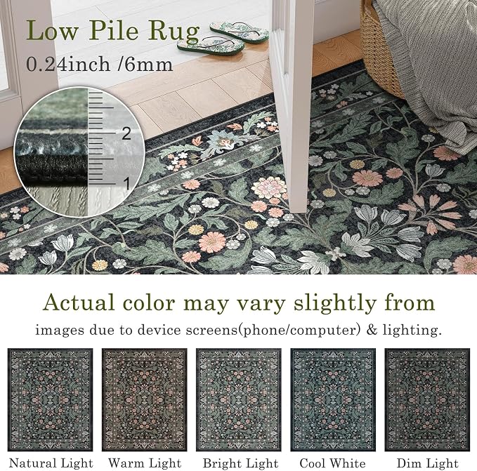 3x5 Washable Area Rug Floral Dark Green Entryway Small Rug Vintage Forest Low - Image 4