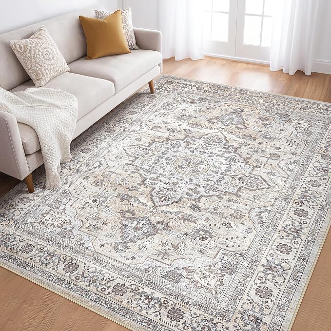 6x8 Area Rug Living Room: Washable Boho Large Neutral Vintage Soft Rugs Stain by LOONGRUG